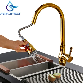 

360 Degree Rotate Kithchen Faucet Gold Kitchen Sink Faucet Pull out Stream Sprayer Mixer Taps