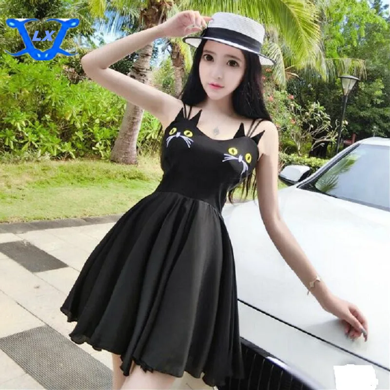 

Summer New Fashion Sexy Nightclub Embroidery Cat Women Dress Sexy Dress Cartoon Sleeveless Above Knee Mini Dresses