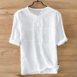 Повседневные рубашки с воротником-стойкой мужские хлопковые льняные дизайнерские брендовые приталенные мужские рубашки с коротким