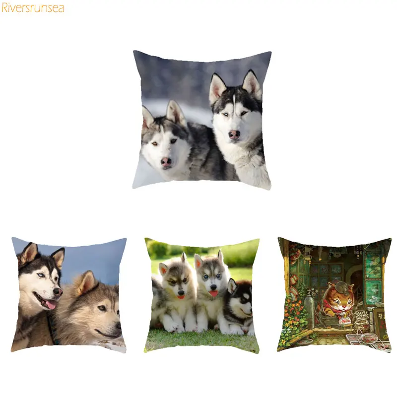 

Cushion Cover Plush Husky Pillow Colorful British Cushion Cover Husky Decorative Pillows Cute Dog Printed Almofada Animal Sofa