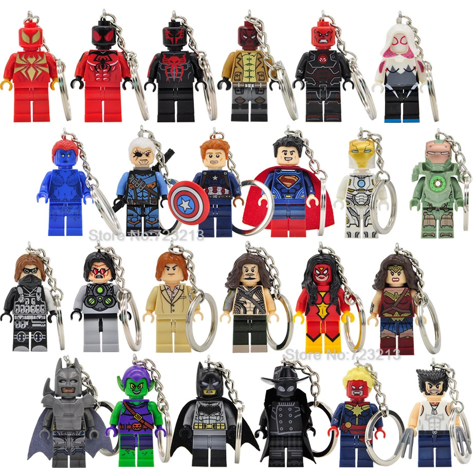 

Super Hero Avengers Spider Man MK37 Raven Mystique Keychain Figure Batman Ring DIY Key Chain Building Blocks Toys