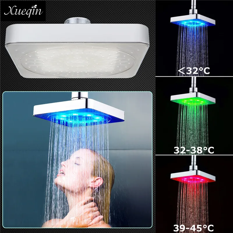 

Xueqin 3Colors LED Temperature Changing Square Rainfall Shower Head Spary Light Water Sprinkler Bathroom Wall Mounted