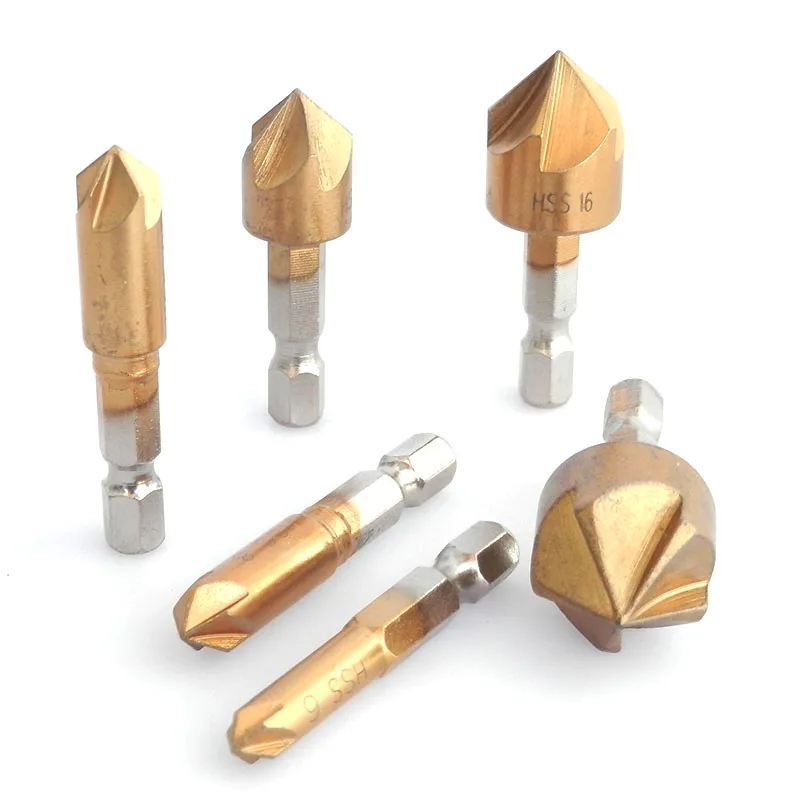 

6pcs HSS Chamfer Countersink Drill Bits Chamfer Drill Bit 1/4" Hex Shank 90 Degree Wood Chamfering Cutter 6mm-19mm