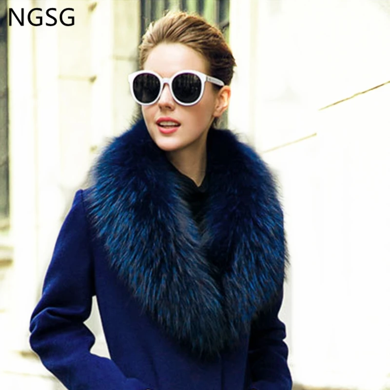 NGSG Bunda Skutečný kožešinový límec mořská modrá 80cm kožešinová límec kabátu límce Ženy Originální luxusní nadýchaný mýval kožešinová šála 100cm XF13060-1