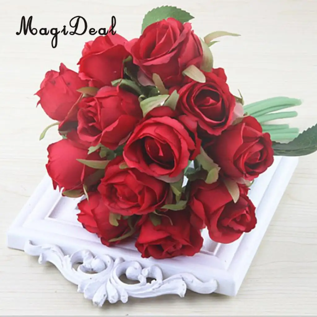 MagiDeal Artificial 12 Branch 25cm Rose Flower Bush Home Decor Wedding Floral Bouquet Potted Table Top Desk Centerpiece