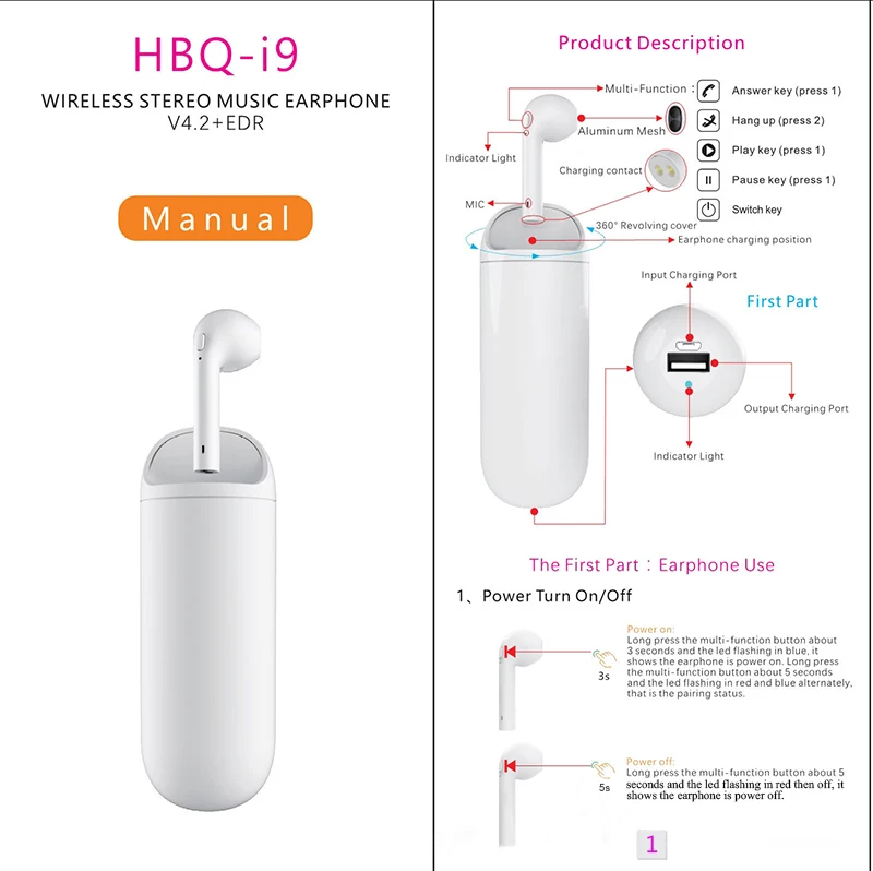 Беспроводные мини наушники HBQ I9s Bluetooth гарнитура с аккумулятором 3300 мАч|Наушники и