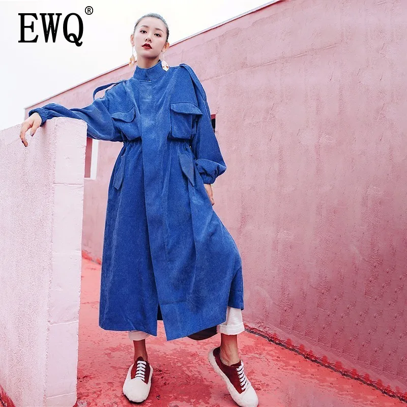 

[EWQ] New Spring Autumn 2020 Fashion Long Batwing Sleeve Round Collar Solid Patchwork Pockets Vintage Windbreaker AC178