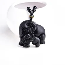 Chinese Handwork Natural Black Obsidian Carved Mother Baby Cute Elephant Amulet Lucky Pendant Necklace Fashion Jewelry