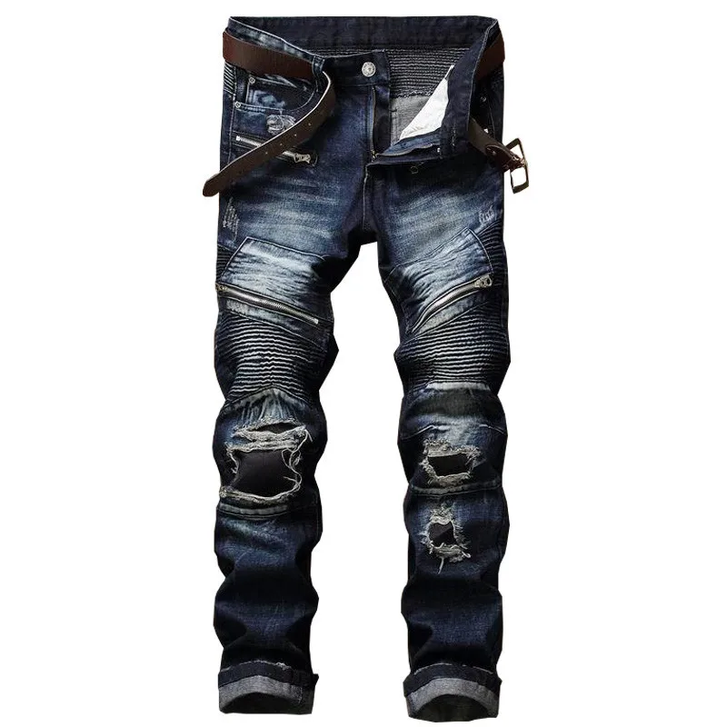

2018 New Fashion Men Holes Jeans Men Hip Hop Ripped Slim Jeans Pants European High Street Motorcycle Biker Jeans
