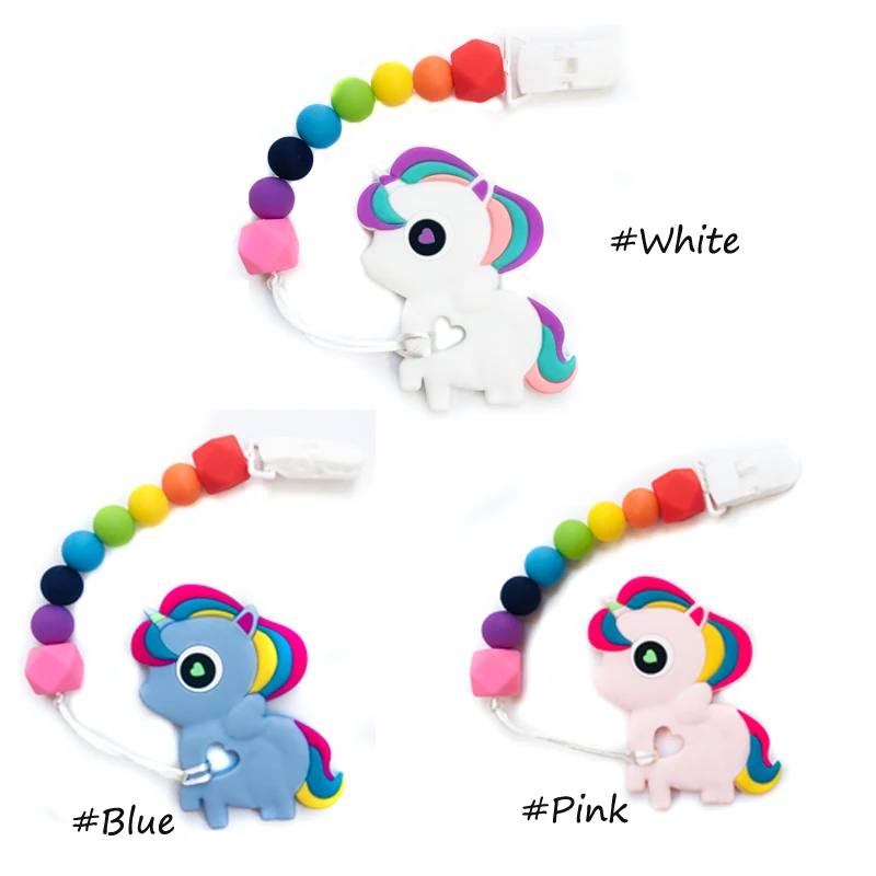 Chupeta do Bebê Mordedor de Silicone Feitas à Mão Colorido do Grânulo Brinquedo da Mastigação Titular da Chupeta Unicórnio Cadeias Engraçado Clips Chupeta Cadeia Infantil 4 Cheap Estojos e corrente p chupetas