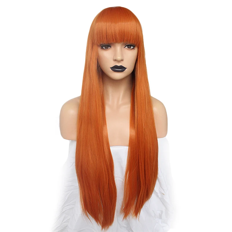 Gorra de pelo + Persona 5 Futaba Sakura naranja larga recta Cosplay peluca con flequillo plano traje de fiesta peluca sintética Gorra de pelo + Persona 5 Futaba Sakura naranja larga recta Cosplay peluca con flequillo plano traje de fiesta peluca sintética