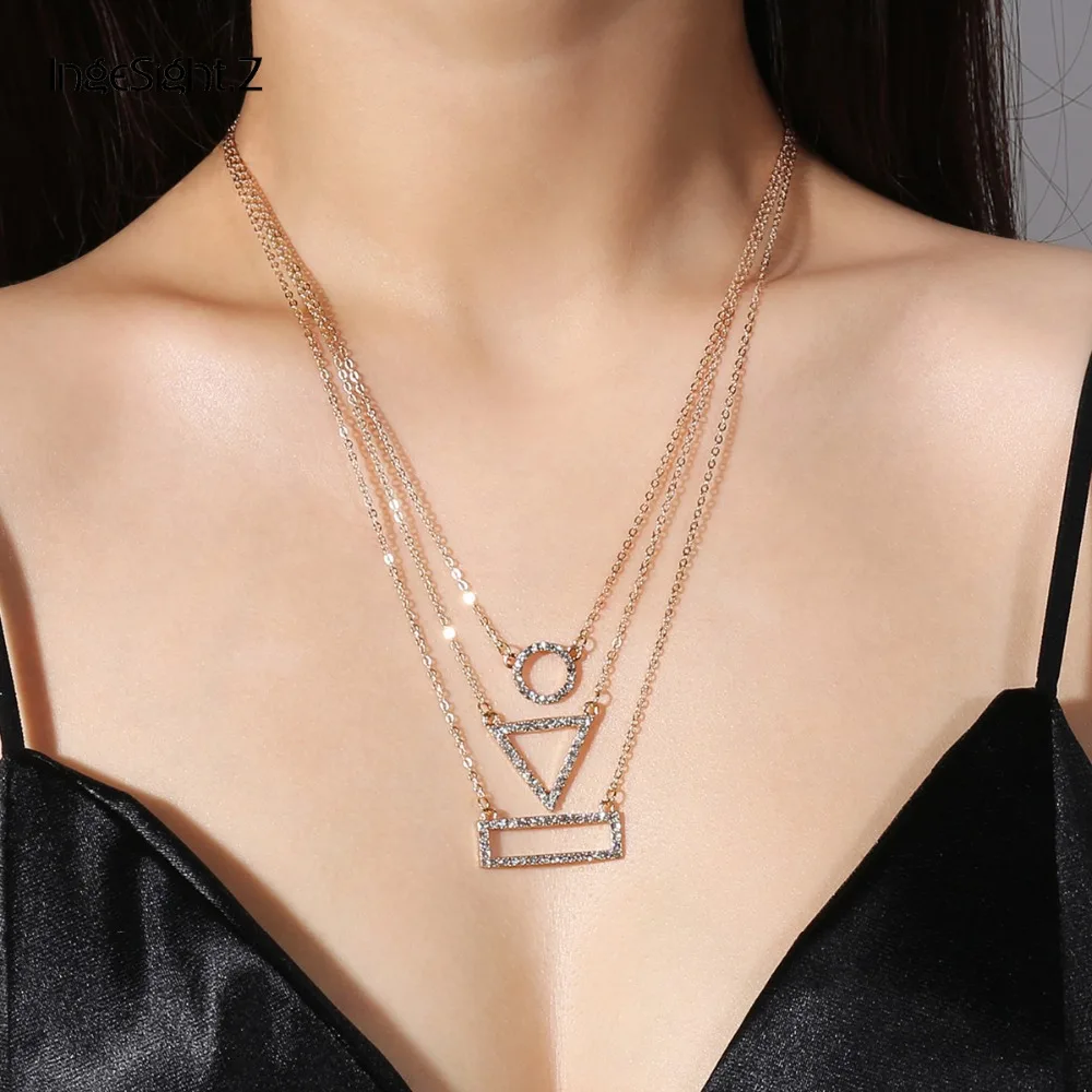 

Ingesight.Z Luxury Crystal Geometric Pendant Chain Choker Necklace Round Triangle Rectangle Pendant Collar Charm Choker Collier