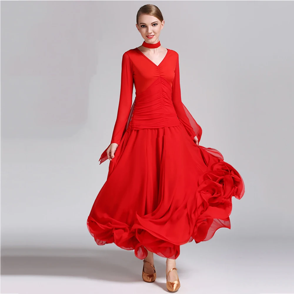 Новые Современный танец Платья для женщин для дамы красный Черные, белые, красные M-XXL Размеры с длинным рукавом Кружево юбка Для женщин