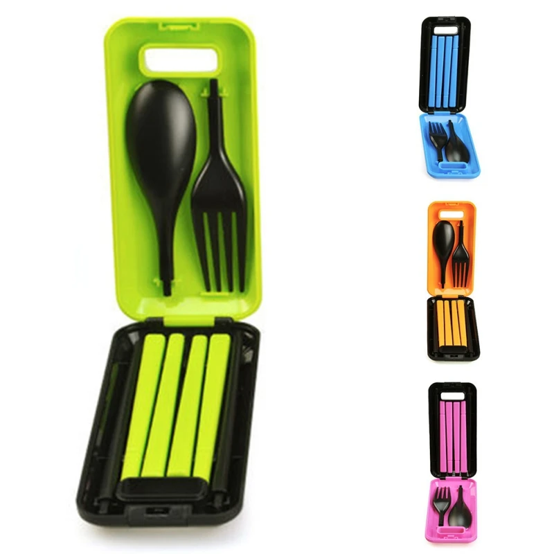 

3 in 1 ABS Folding Dinnerware Cutlery Fork Chopsticks Set with Storage Box Outdoor kamp Camping Hiking Traveling Tableware Set