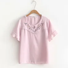 Большие размеры с О-образным вырезом Женский с пышными рукавами футболка шифоновая футболка женская верхняя одежда сливы вышитые летняя футболка женская футболка