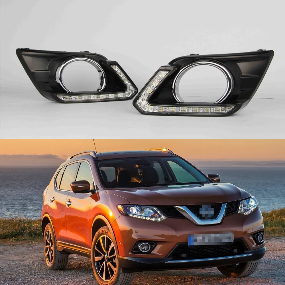 1 Set WHITE and YELLOW LED Daytime Running Lights+fog lamp cover for NISSAN X-TRAIL 2014-2016