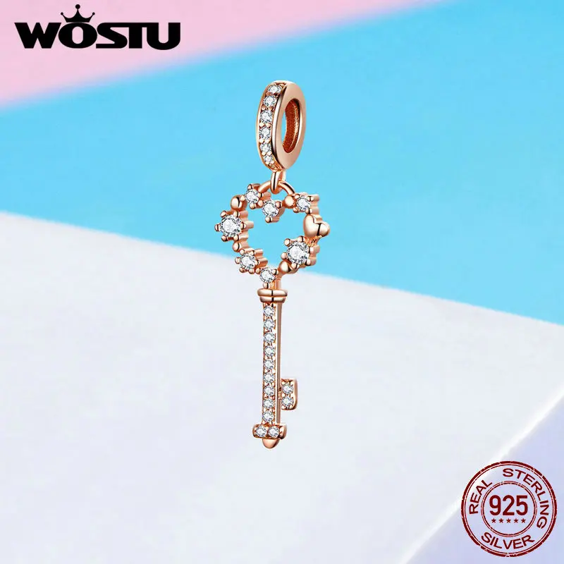 WOSTU талисманы на удачу, 925 пробы, серебро, розовое золото, ключ, циркон, бисер, подходит для оригинального браслета, кулон для женщин, изготовление ювелирных изделий DXC1122