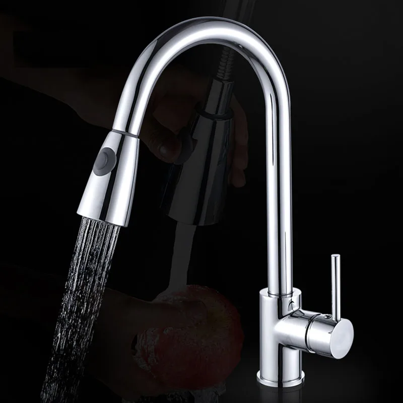 Kitchen Brass Faucets Silver Single Handle Pull Out Kitchen Tap Single