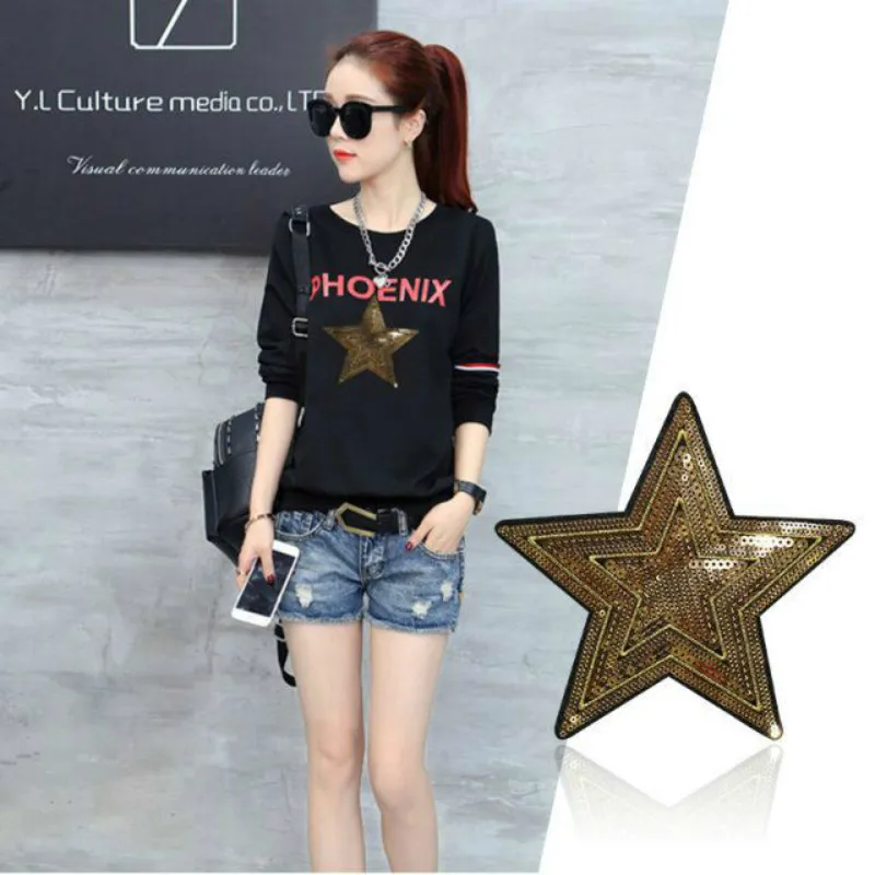 Girl men clothes Diy sequins star biker patch deal with it 16.5cm pentagram patches for clothing Christmas stickers | Дом и сад