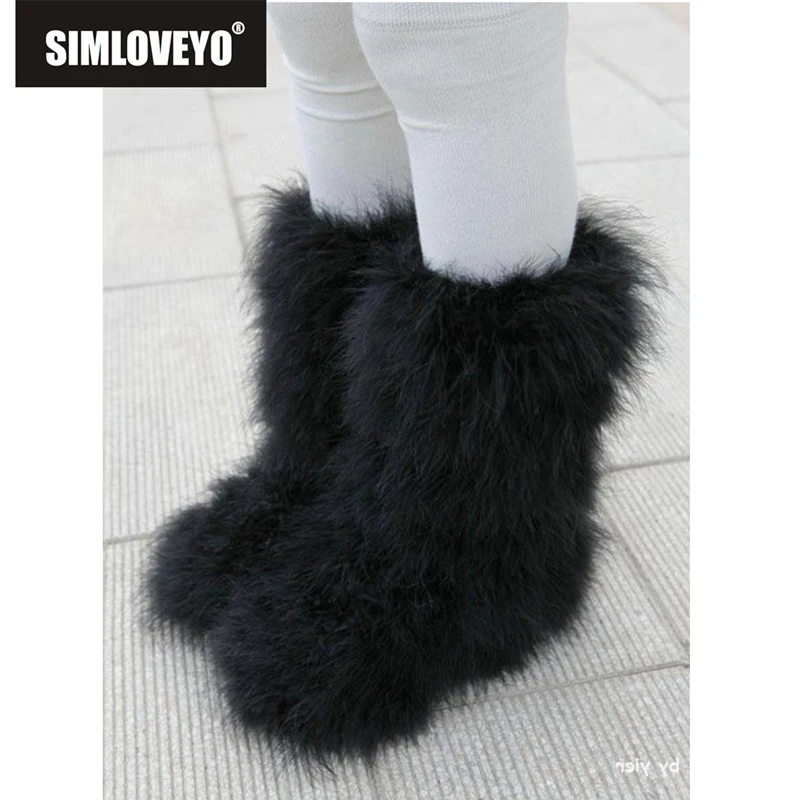 

SIMLOVEYO/женские зимние ботинки из натуральной кожи, с натуральным мехом страуса и перьями, на плоской подошве, теплые плюшевые лыжные ботинки ...