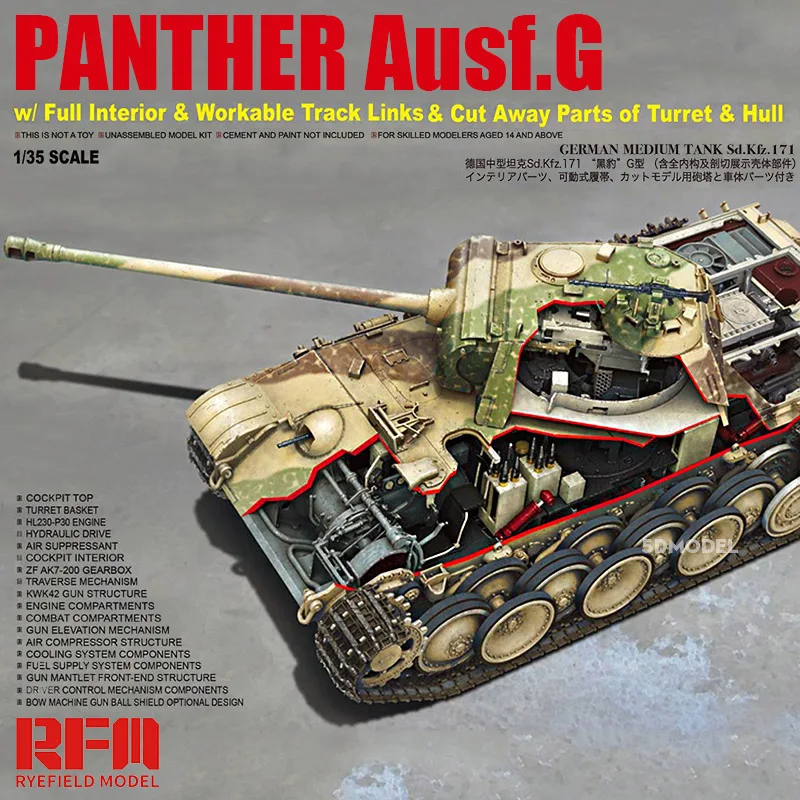 

RYE FIELD RFM 5019 1/35 Scale Sd.Kfz.171 Panther Ausf.G w/ FULL INTERIOR & Workable Track Link & Cut Away Parts of Turret & Hull