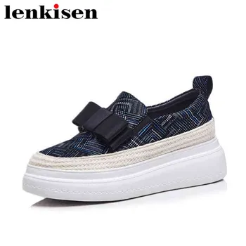 

Lenkisen solid platform round toe slip on causal shoes med bottom bow-knot straw decoration women vulcanized cozy shoes L0f3