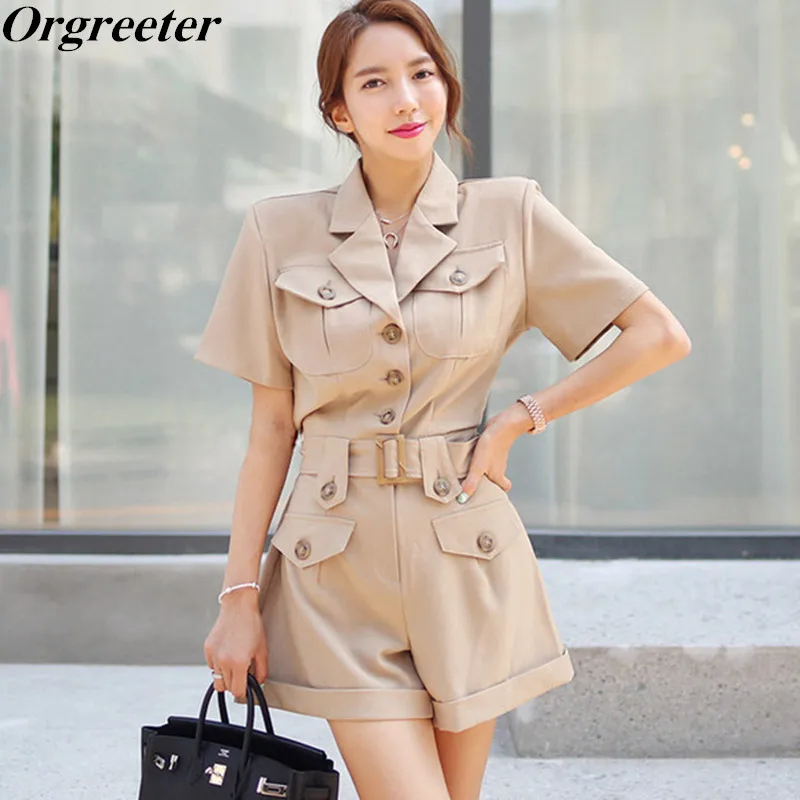 

Vintage Fashion Safari Style Jumpsuit Romper Women Belt Pockets Button Playsuit Casual 2019 Autumn Short Sleeve Wide leg Overall