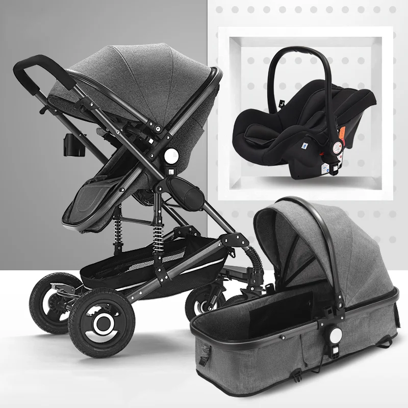 Роскошная детская коляска 3 в 1 с автокреслом с высоким пейзажем, коляска для новорожденных, дорожная система, черная тележка, прогулочная складная Коляска - Цвет: Grey 3 in 1