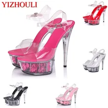 Летняя Свадебная обувь; новые пикантные женские туфли на платформе с декоративной платформой розового и золотого цвета; Танцевальная обувь на высоком каблуке 15 см