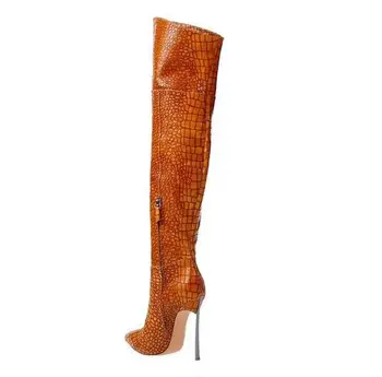 

Sexy Crocodile Skin Leather Over the Knee Boots Pointed Toe Blade Heels Thigh High Boots Black Brown Zipper Long Boot Woman