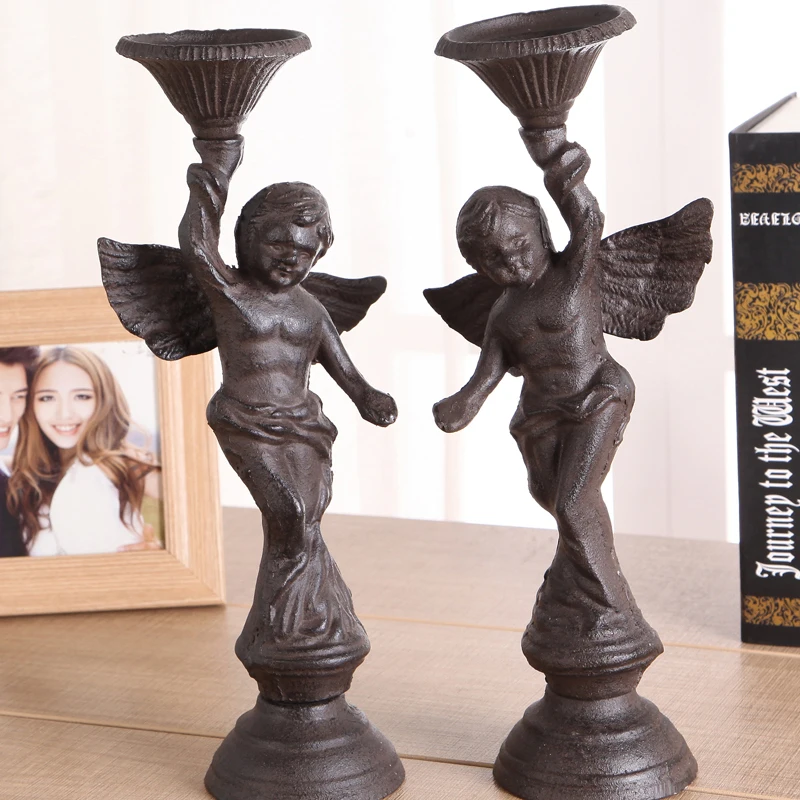 European Accents Antique Rust Shabby Chic Vintage Style Angel Design Tabletop Cast Iron Pillar Candle Holder Pair European Accents Antique Rust Shabby Chic Vintage Style Angel Design Tabletop Cast Iron Pillar Candle Holder Pair