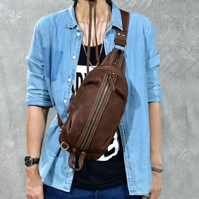 New Men's Chest Bag Genuine Cowhide Leather Handmade Vintage Shoulder Bag Brand Designer Crazy Horse Leather Soft Chest Bag