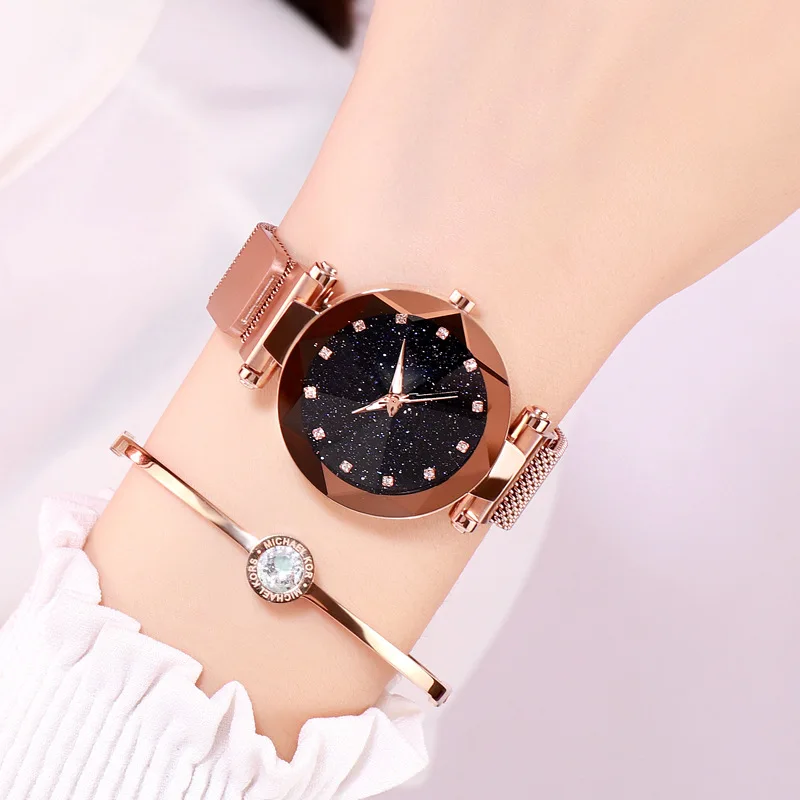 

New Famous Brand Rosy Gold Mesh Magnet Buckle Starry Sky Watch Women Casual Quartz Watches Relogio Feminino Ladies Wrist Watch