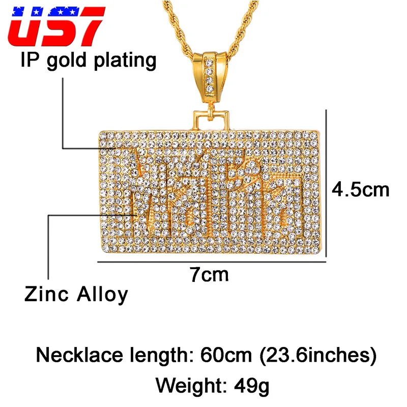 US7 золотого цвета квадратные подвески и ожерелья s Bling Полный Rhinestoned Iced Out веревка цепочка на шею для мужчин хип-хоп ювелирные изделия - Окраска металла: gold color