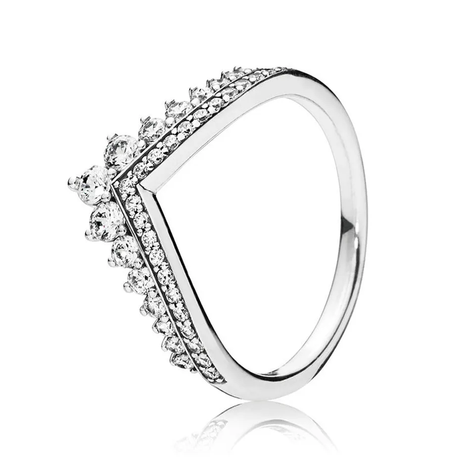 

Authentic 925 Sterling Silver Princess Wish Ring for Women Clear CZ Pave Crystals Girl Finger anel fit Lady Jewelry