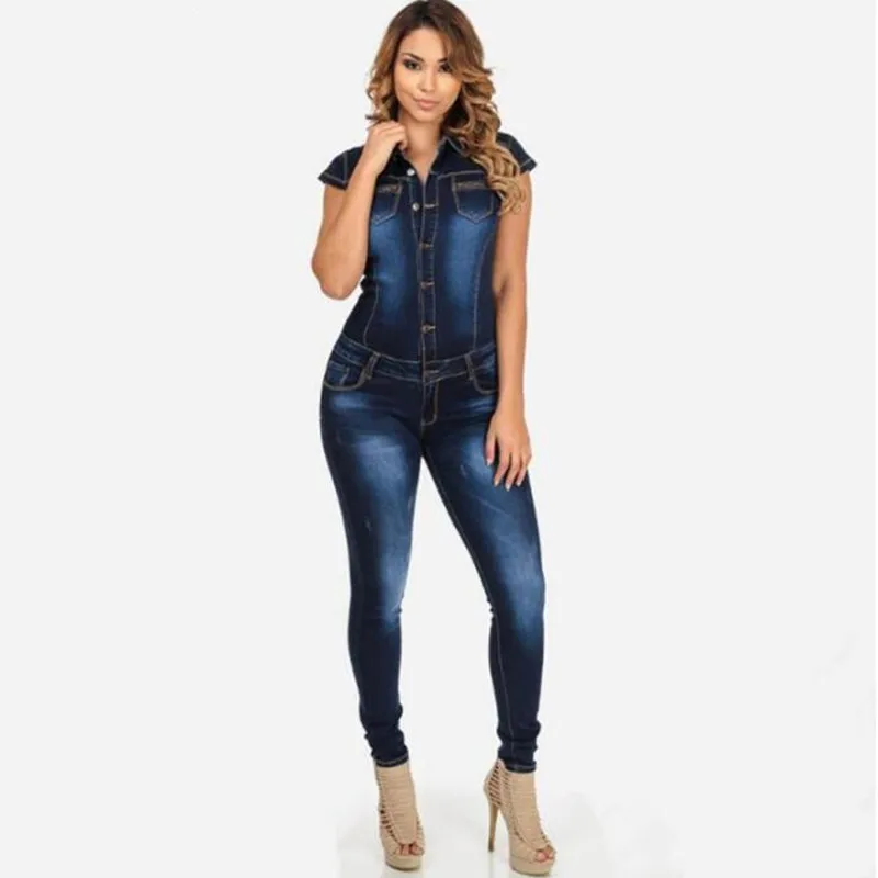 

2019 New Cowboy Jumpsuits Slim Thin Short Sleeve One-piece Pants Women Jeans Rompers Fashion Casual Denim Jumpsuit Women Jeans
