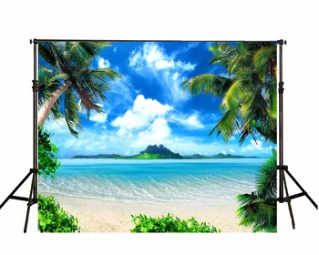 

VinylBDS 10FT Seaside Vacation Photography Backdrops Blue Sky Background Photo Studio Coconut Trees Photography Backdrop Studio