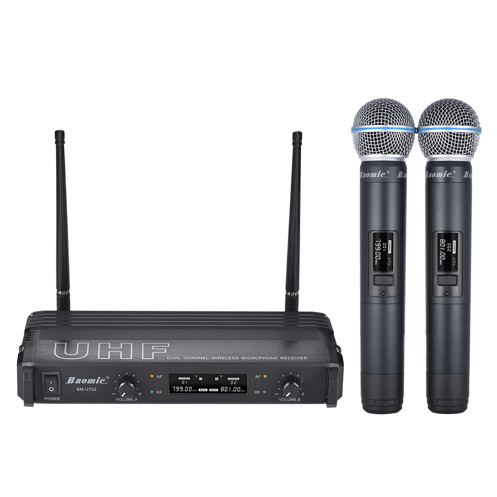 

BM-U752 Professional Dual Channel UHF Digital Wireless Handheld Microphone System 2 Microphones & 1 Receiver 6.35mm Audio Cable