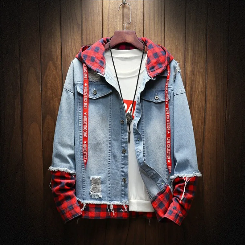 2018 Autumn Winter Fashion Jacket For Men Plaid Stripe Spliced Ripped Denim Jacket Men Youth Streetwear Hip Hop Jacket Hooded 2018 Autumn Winter Fashion Jacket For Men Plaid Stripe Spliced Ripped Denim Jacket Men Youth Streetwear Hip Hop Jacket Hooded