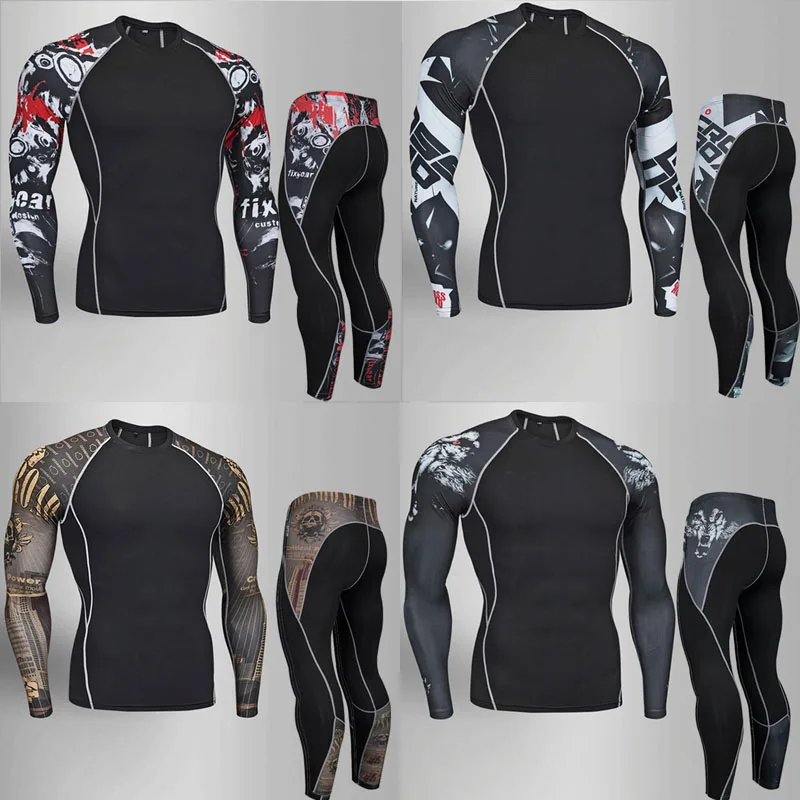 

UFC compress functional men t-shirt long sleeves MMA fitness men Rashguard Tshirt + trousers2 pieces set clothing men's