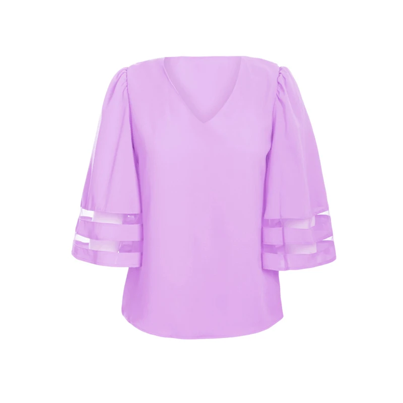 

Women Tops Casual Summer v-neck mesh Three Quarter Sleeve Loose and large size T-shirt