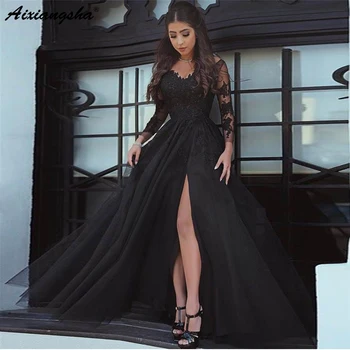 

Cheap New Design Lace Appliques Illusion Neck Slit Open Back Tulle Prom Dresses Long Sleeve Formal Evening Dress 2019