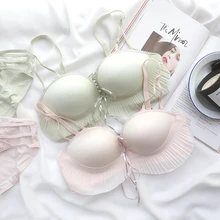 Новое бесшовное дышащее нижнее белье, японский бюстгальтер, сексуальный сетчатый бюстгальтер, украшенный лепестками, комплект кружевных хлопковых плотных розовых женских трусов