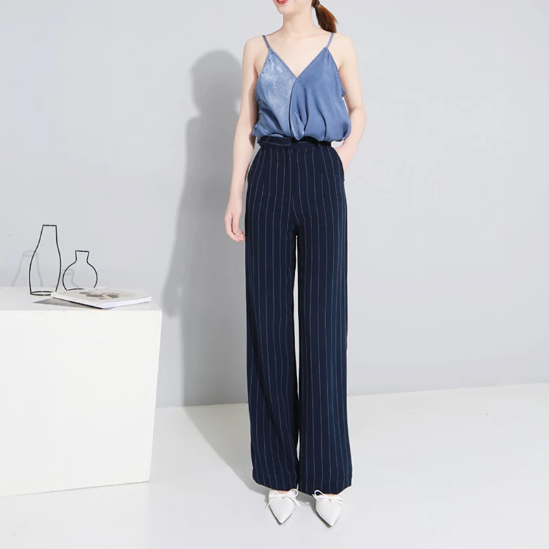 Striped Chiffon Pants Female Series New Spring Fashion Elegant Clothing 2018 High Waist Pocket Big Size X Long Trousers White | Женская