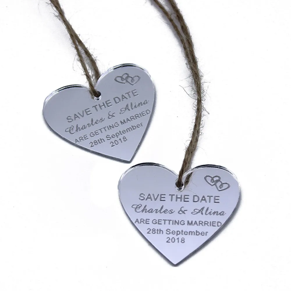 

Set Of 50pcs Personalized Engraved Wedding Tags Mirror Save The Date Tag Love Heart Shape Tags With Jute String Favors 5x5cm