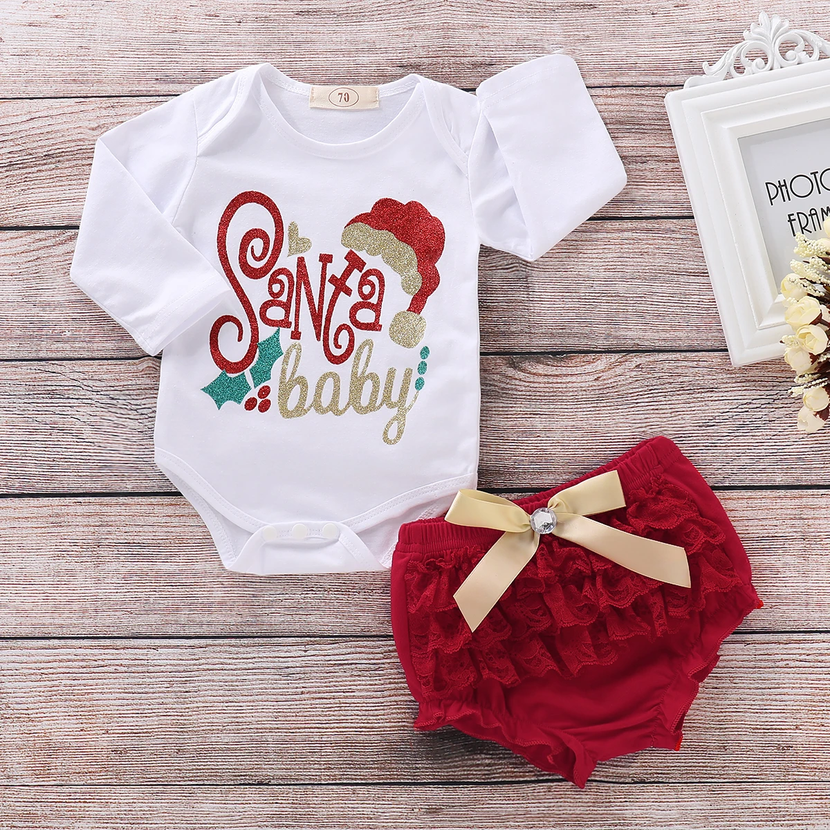 Одежда для новорожденных Santa baby ползунки боди + тюль шорты бантом короткие штаны Рождественская одежда комплект для девочек