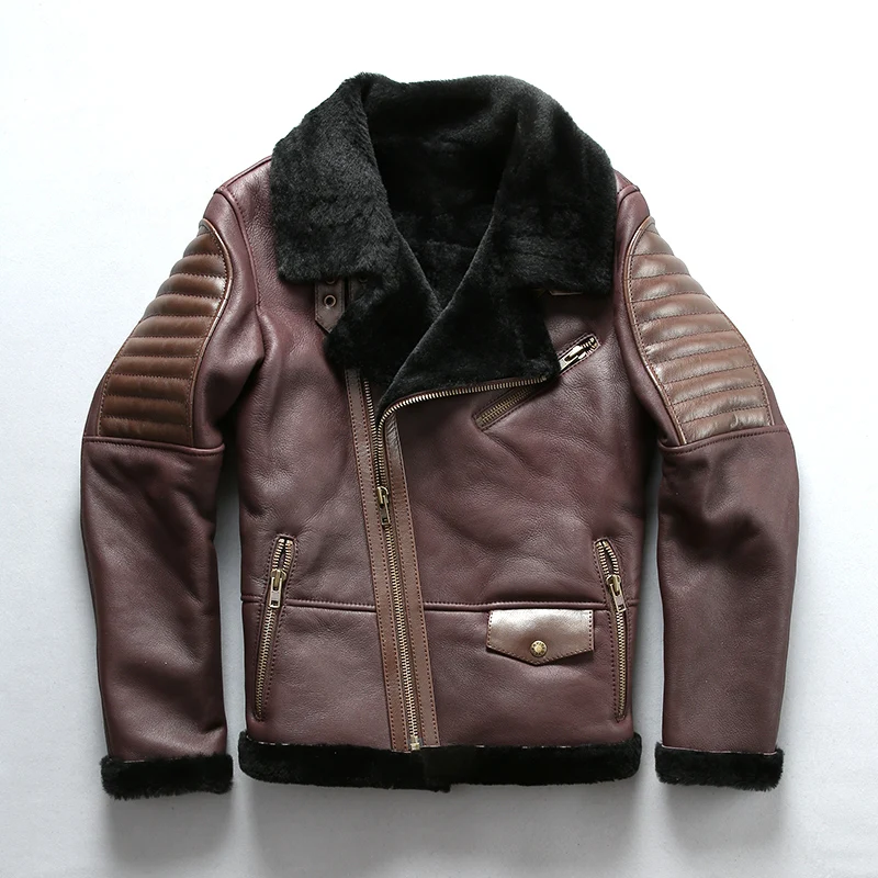 60% OFF 8016 high quality super warm genuine sheep leather jacket mens big size B3 shearling bomber military fur jacket