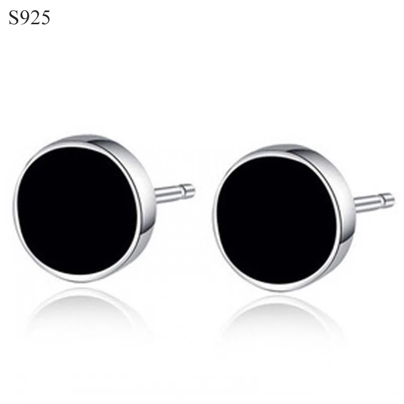 

Genuine Real Pure Solid 925 Sterling Silver Stud Earrings for Men Fine Jewelry Black Round Stone Fashion Male Earrings Gift