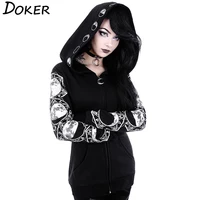 5XL Gothic Punk Women Print Long Sleeve Black Hoodie 1