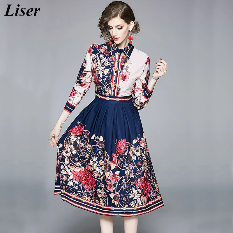 

LISER 201 Women Autumn Dress Patchwork Printed Floral Fashion Slim Pleated Vintage Casual Mid Dresses Beach Maxi Vestidos Mujer